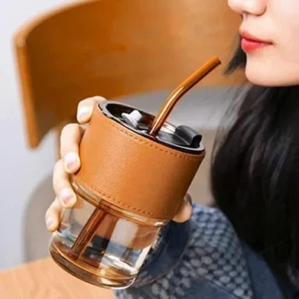 Leather Sleeve Glass With Straw